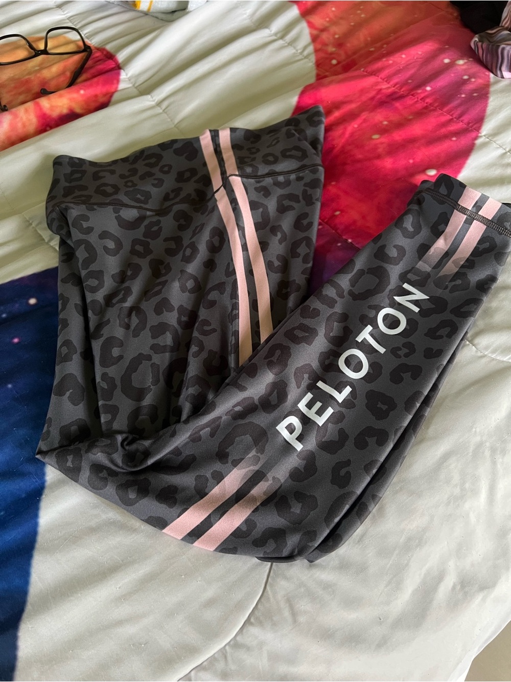 Peloton Black Leopard Print Leggings with Pink Stripes